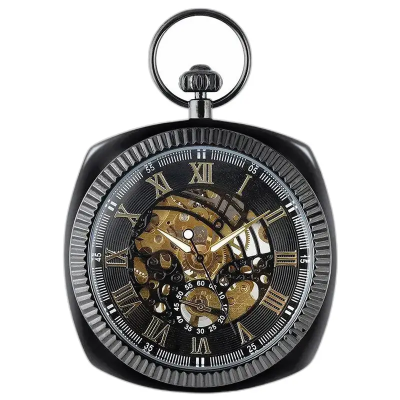 Montre à gousset mécanique avec cadran ouvert et design chic luxe noir