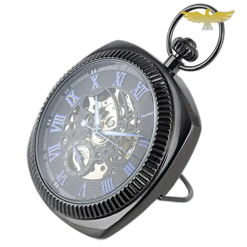Montre à gousset mécanique chic luxe avec cadran ouvert et design noir élégant