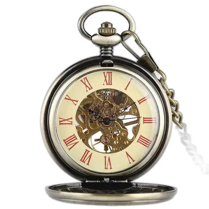 Montre à gousset mécanique demi chasseur homme avec engrenages visibles et design antique