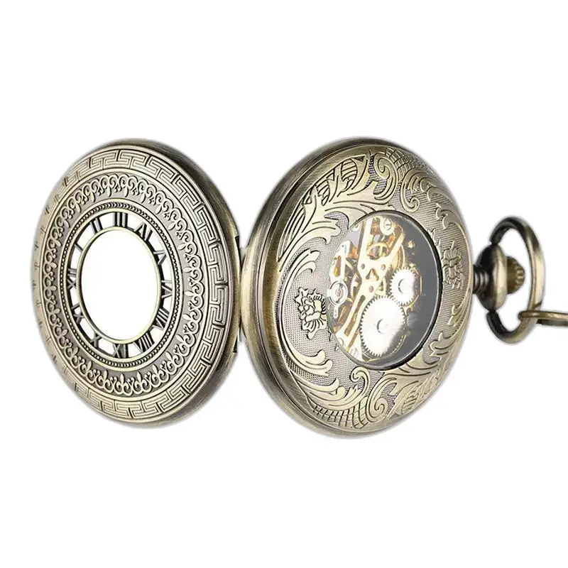 Montre à gousset mécanique Demi Chasseur Homme avec engrenages visibles en bronze