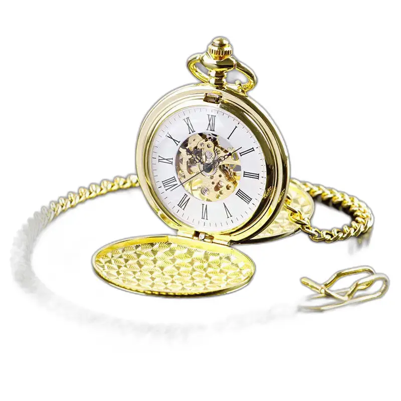 Montre à gousset mécanique double chasseur homme dorée avec chaîne élégante