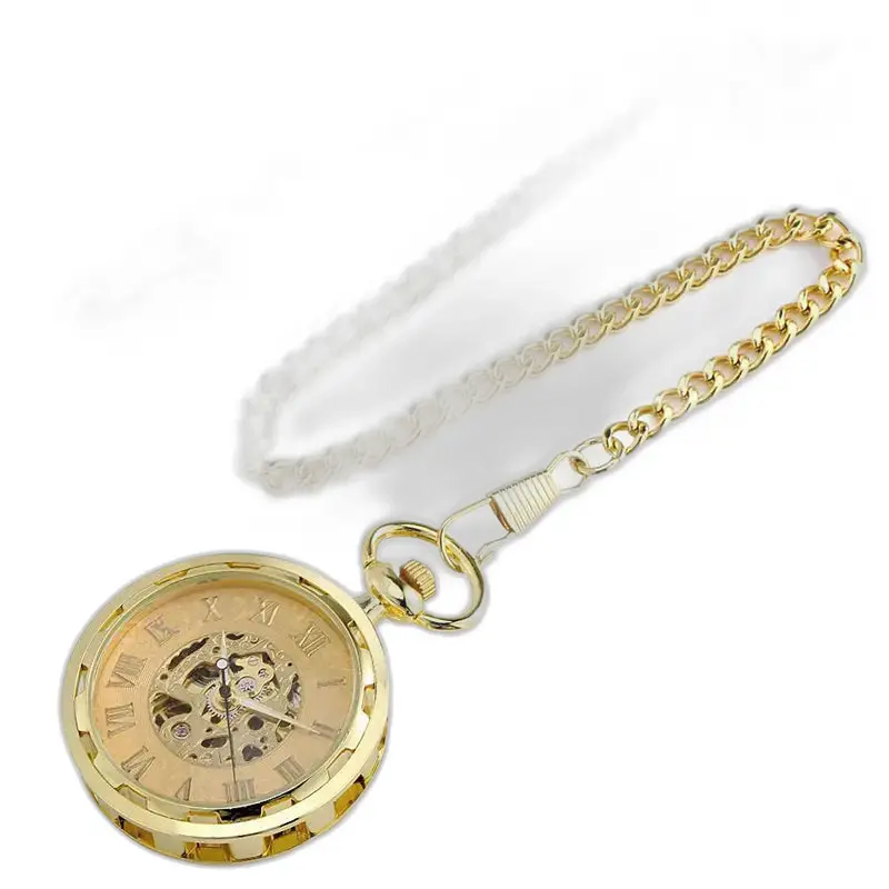 Montre à Gousset Mécanique Golden Skeleton Chic avec chaîne dorée