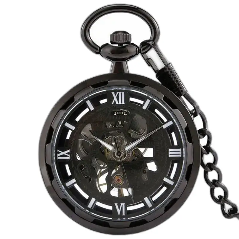 Montre à Gousset Mécanique Golden Skeleton Chic avec boîtier noir et détail squelettique