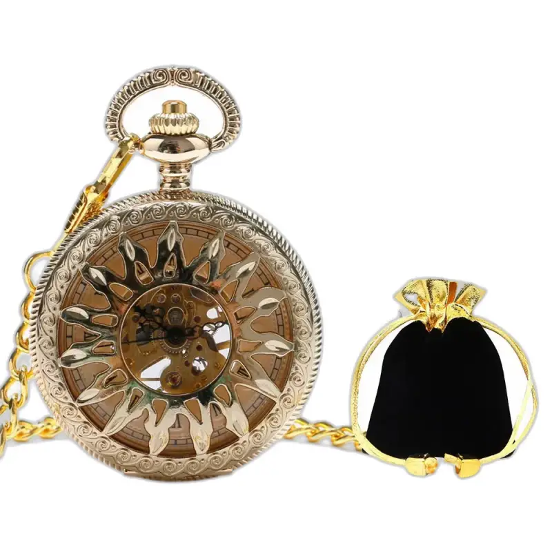 Montre à gousset Mécanique Golden Sun Noir, gousset mécanique en or avec chaîne et pochette