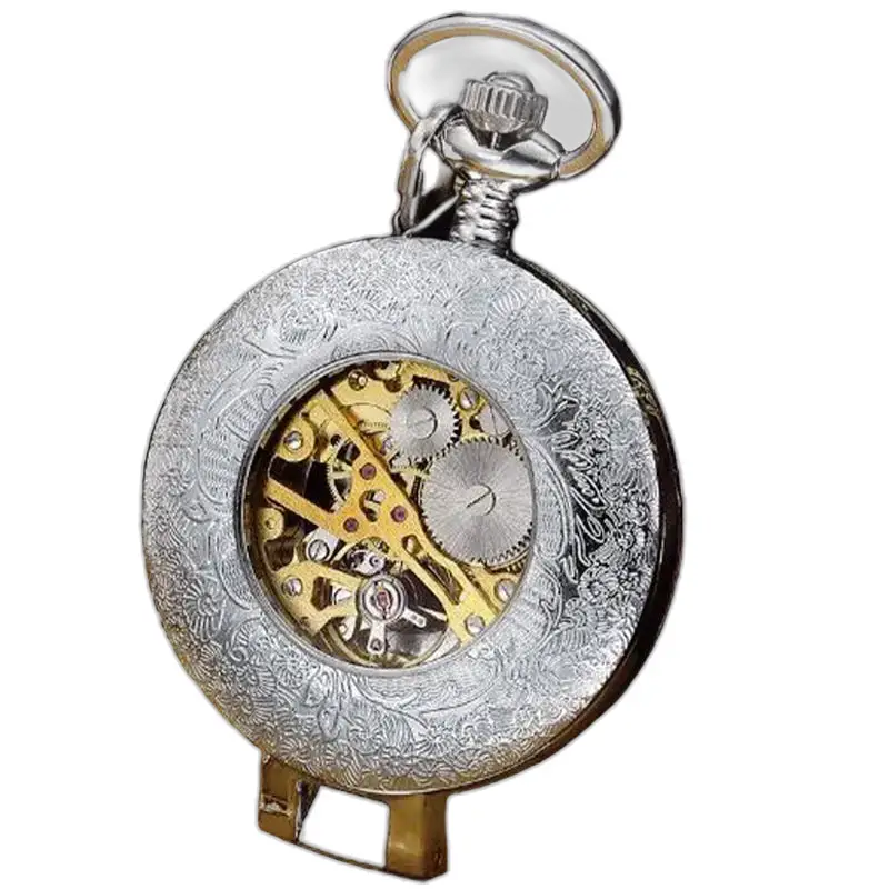Montre à gousset en argent avec gravure florale et cœur squelette visible