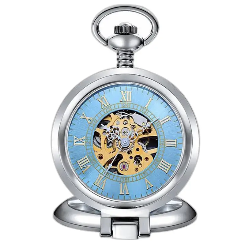 Montre à gousset mécanique homme chic avec cadran bleu et cœur squelette élégant