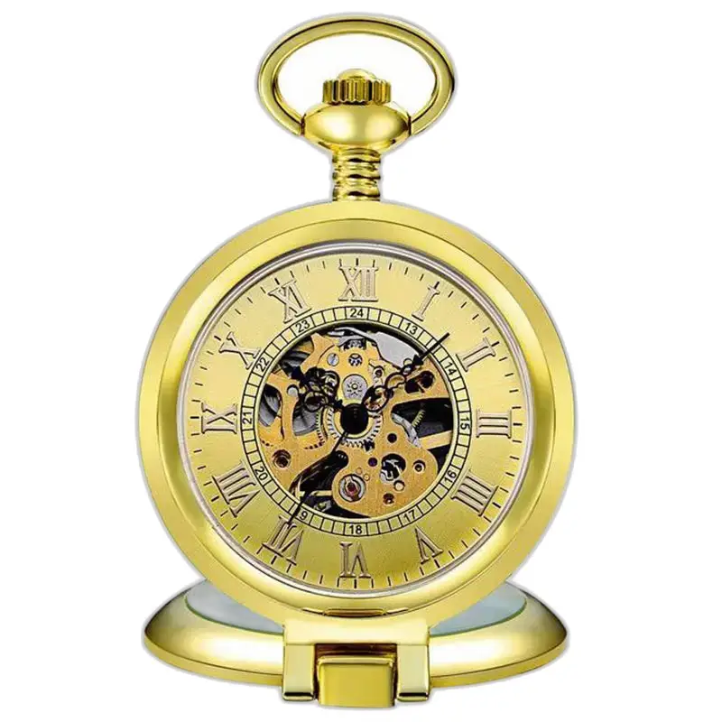 Montre à gousset mécanique homme chic avec cœur squelette en couleur or