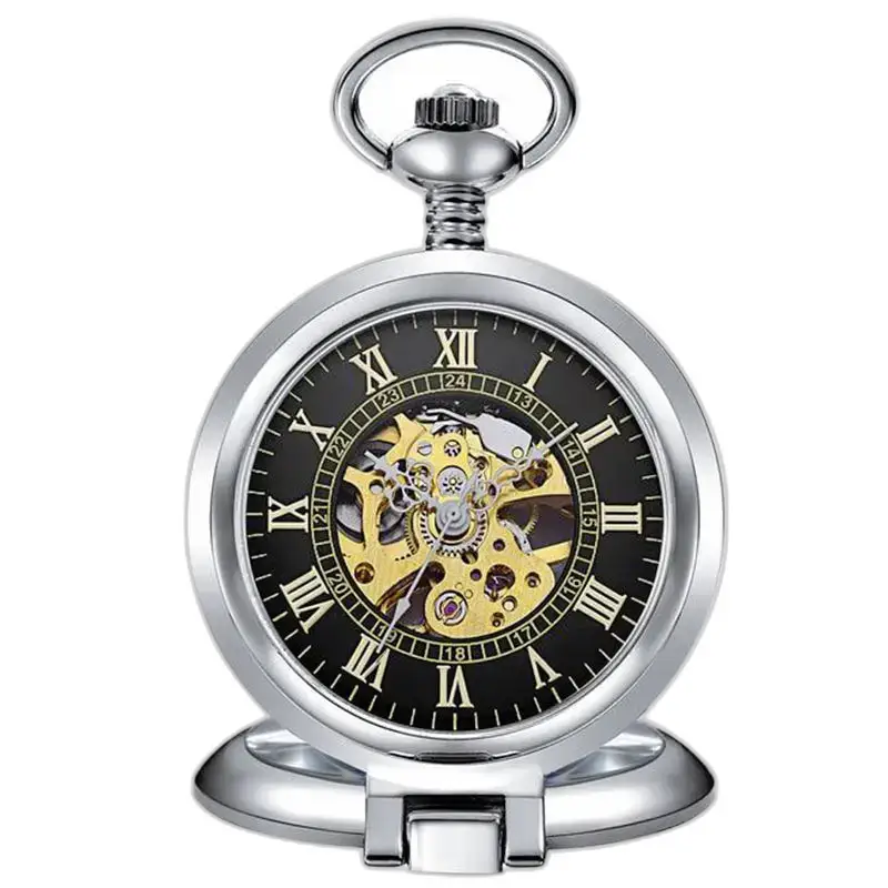 Montre à gousset mécanique homme chic avec cœur squelette et boîtier en argent