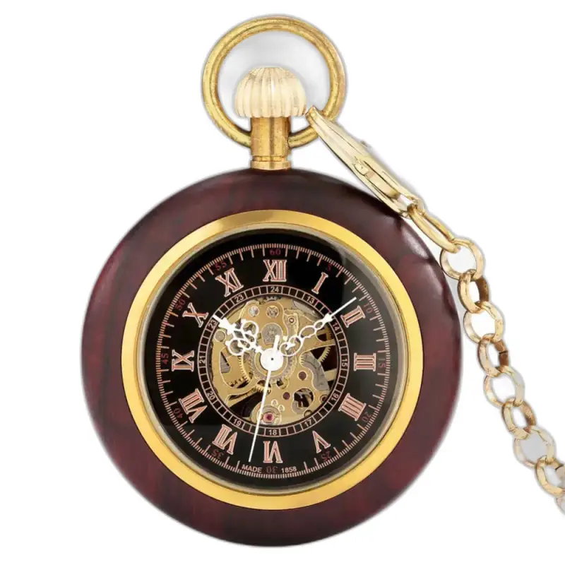 Montre à gousset en bois luxe avec chaîne et verre minéral, style Kinetic Woodcraft
