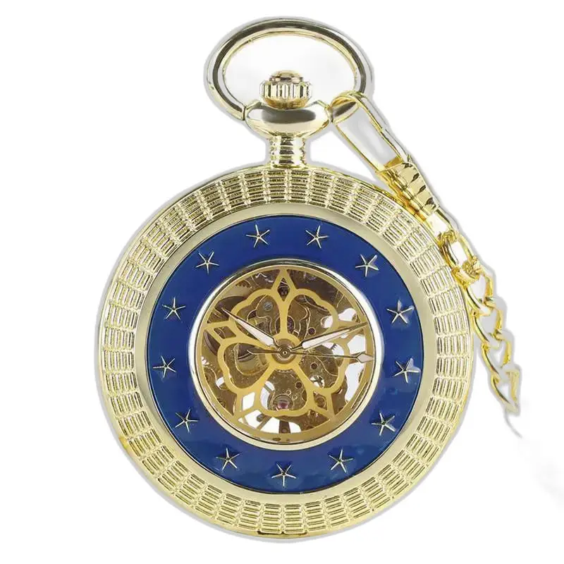 Montre à gousset mécanique luxe or avec un mouvement mécanique bleu et doré