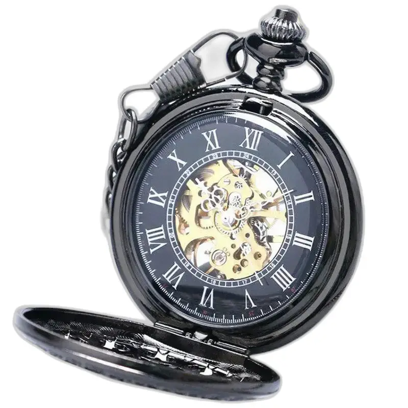 Montre à gousset mécanique à remontage noir de luxe Steampunk avec mouvement mécanique