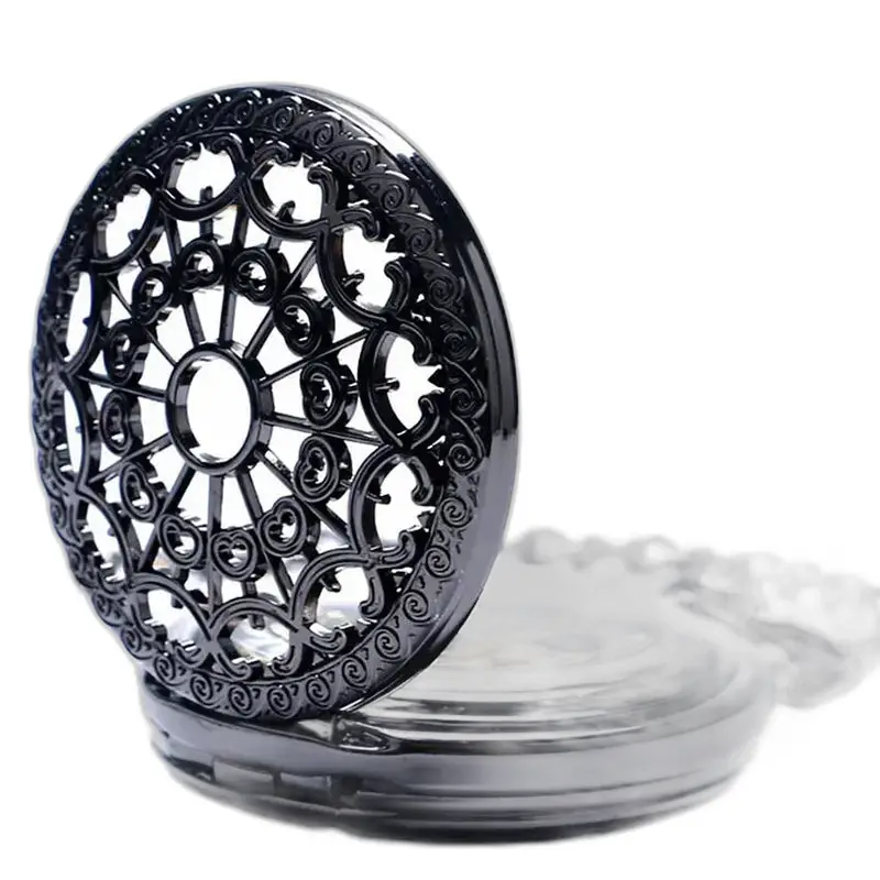 Ornate black pocket watch, gousset mécanique noire, style chic et sophistiqué