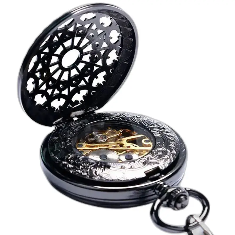 Montre à Gousset Mécanique Noire Chic avec mécanisme visible et design élégant