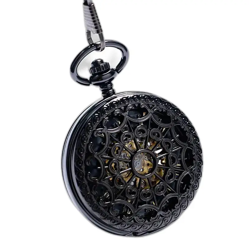 Montre à Gousset Mécanique Noire Chic avec un élégant design filigrane noir