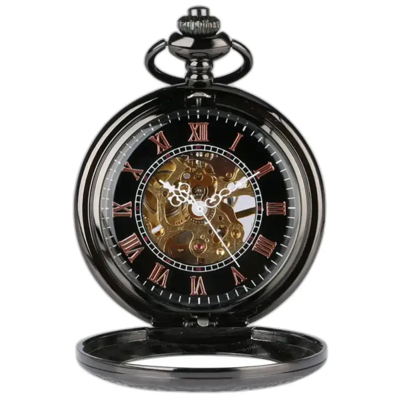 Montre à Gousset Mécanique Noire pour Homme avec mécanisme visible et style élégant