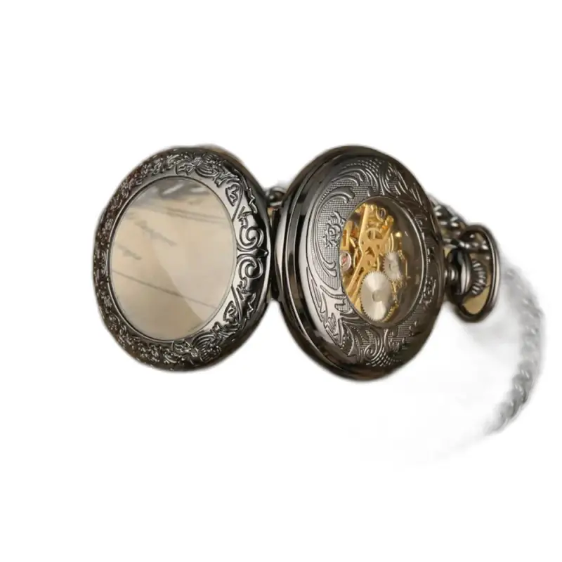 Montre à Gousset Mécanique Noire pour Homme ouverte et ornée, poche mécanique black