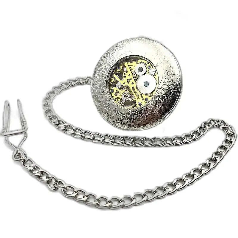 Montre à gousset mécanique silver Flower Chic avec gears et chaîne visibles