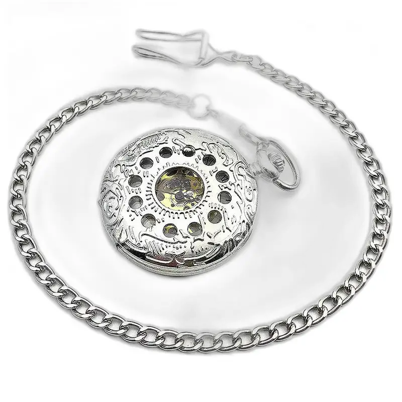 Montre à gousset mécanique Silver Flower Chic avec chaîne en argent élégante