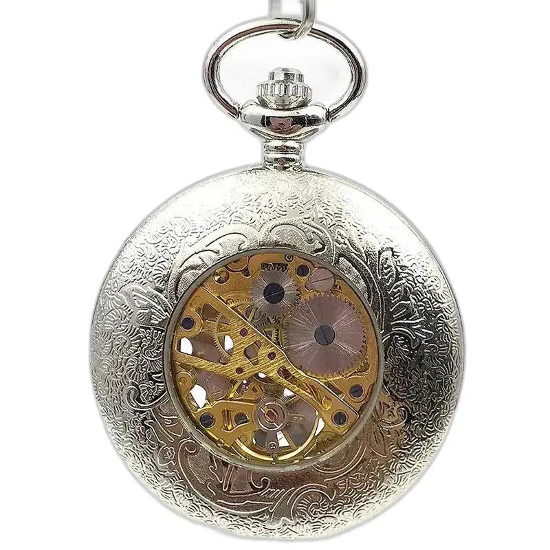 Montre à gousset Mécanique Silver Flower Chic avec mécanisme visible en argent