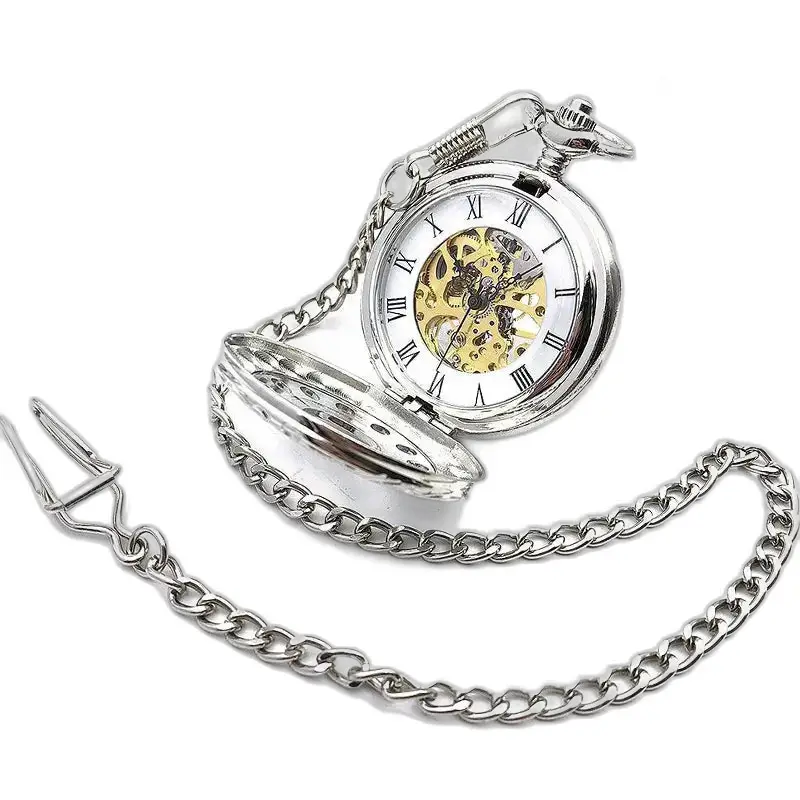 Montre à gousset mécanique silver fleur chic avec chaîne en argent élégante