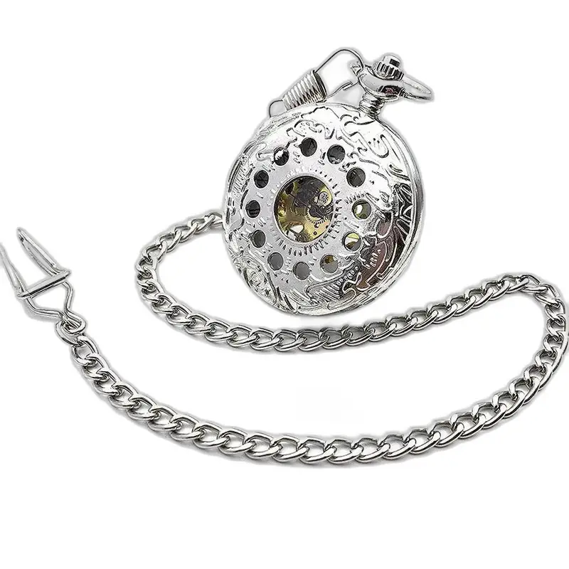 Montre à gousset Mécanique Silver Flower Chic avec chaîne en argent élégante