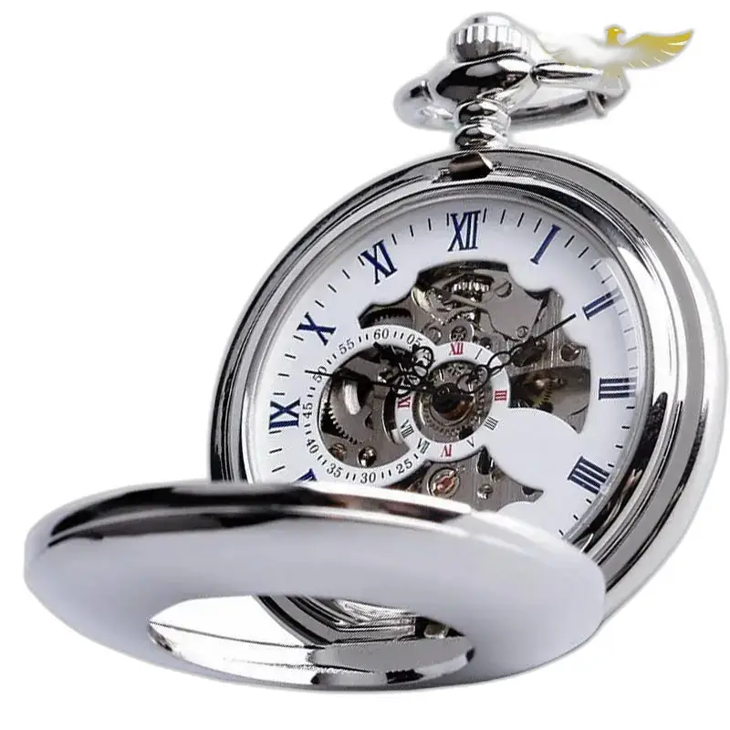 Montre à Gousset Mécanique Squelette Luxe en argent avec mécanisme visible