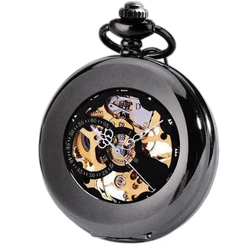 Montre à gousset mécanique squelette luxe avec boîtier noir élégant