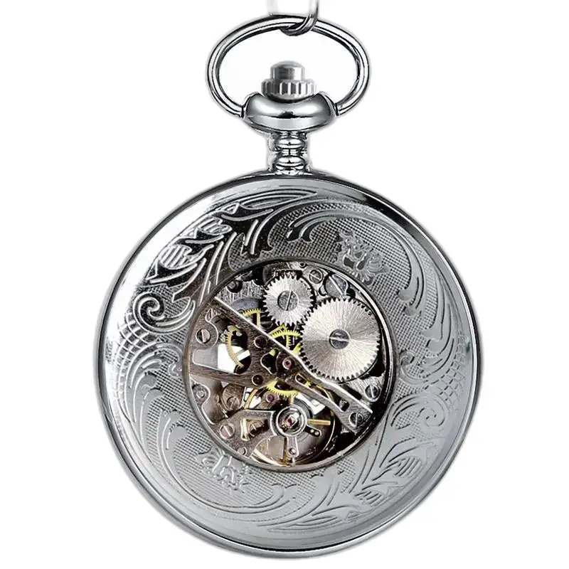 Montre à gousset mécanique squelette luxe en argent avec mécanisme visible