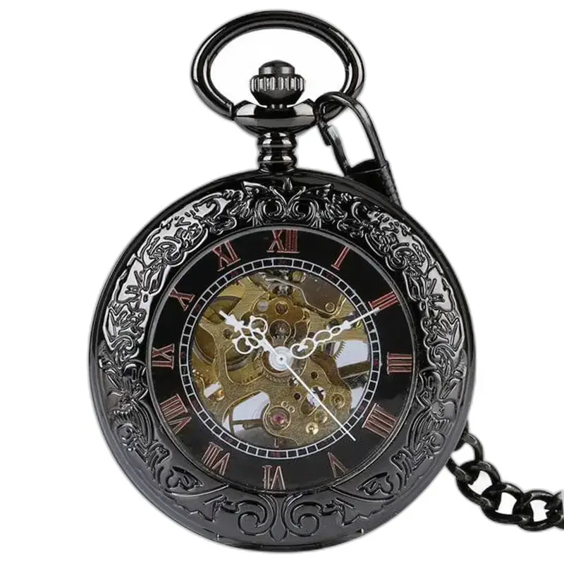 Montre à Gousset Mécanique Transparent Glass Chic avec mouvement mécanique noir élégant