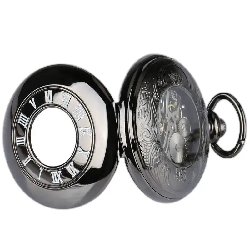 Montre à Gousset Noire Moderne Chic avec couvercle ouvert et design élégant