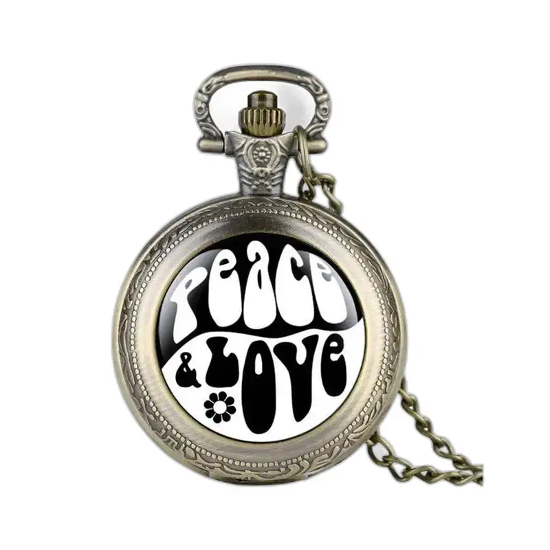 Montre à gousset vintage Peace & Love avec longue chaîne et design artistique