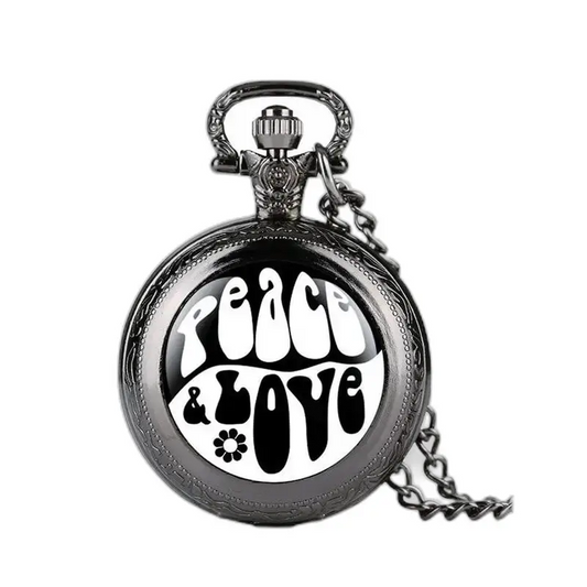 Montre à gousset noire avec design Peace & Love et longue chaîne élégante