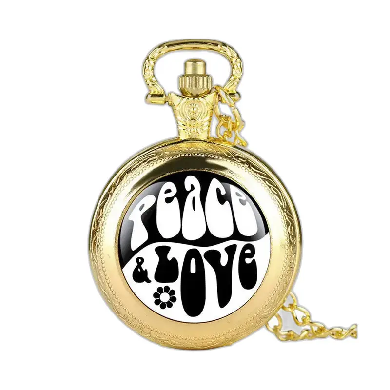Montre à gousset en or avec design Peace & Love et longue chaîne élégante