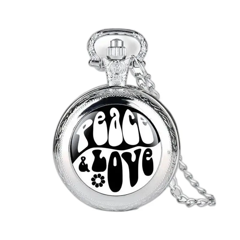 Montre à gousset en argent avec design Peace & Love et longue chaîne élégante