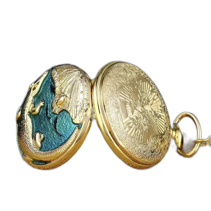 Montre à gousset Poisson Bleu avec perle blanche et design de dragon en or ouvert