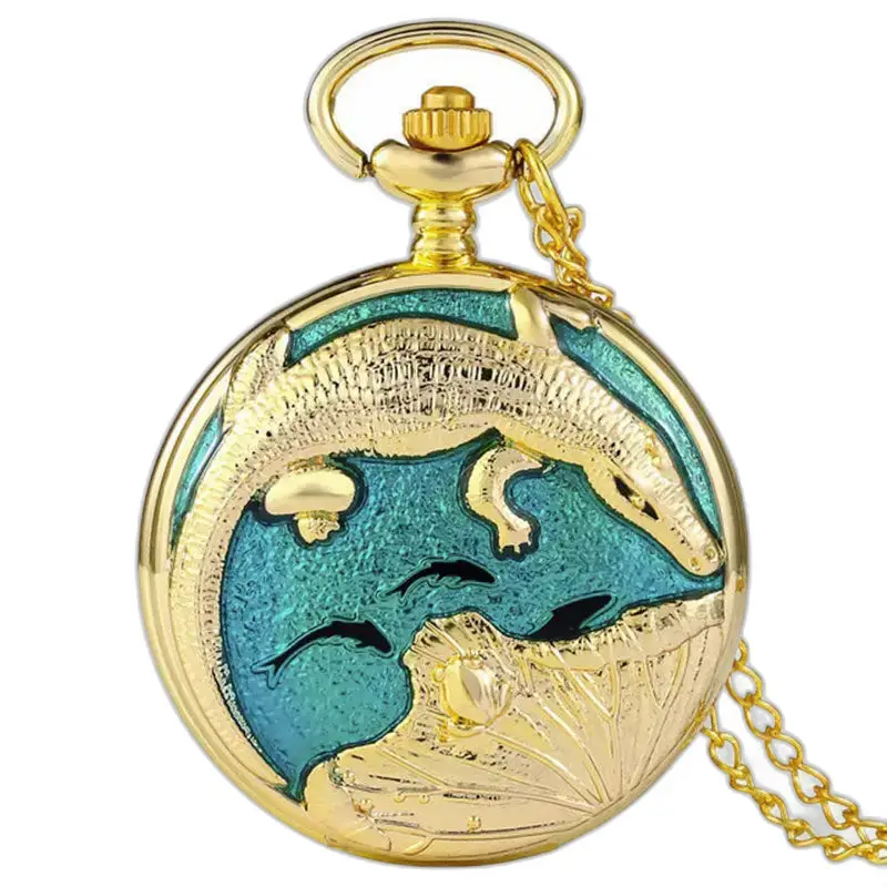 Montre à gousset Poisson Bleu avec perle blanche et design crocodile en or
