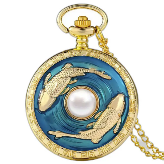 Montre à gousset Poisson Bleu avec perle blanche et design de poisson en relief
