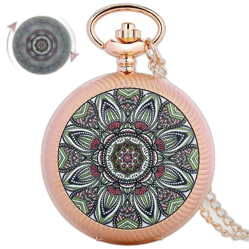 Montre à Gousset Quartz Luxe en Or Rose avec design mandala et pierres émeraude