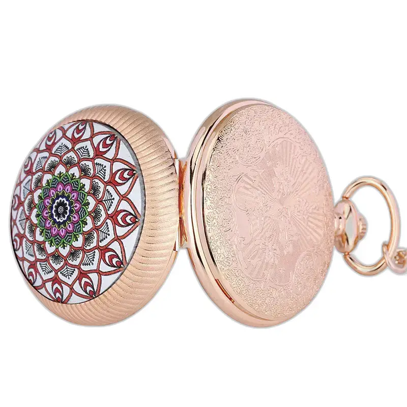 Montre à gousset Quartz Luxe avec Pierres émeraude et design mandala en or rose