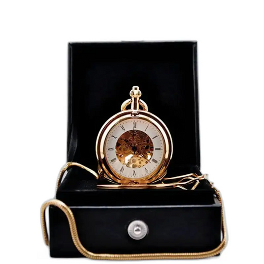 Montre à gousset Royal Luxury Double Chasseur en boîte noire avec chaîne dorée