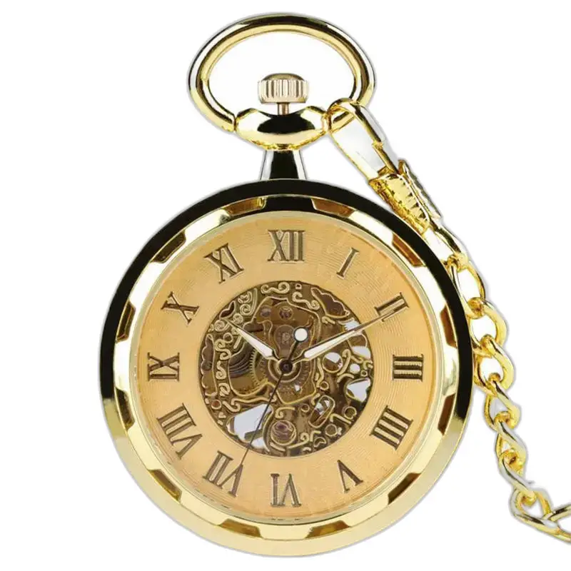 Montre à gousset en acier doré avec chaîne, gousset squelette mécanique luxe homme