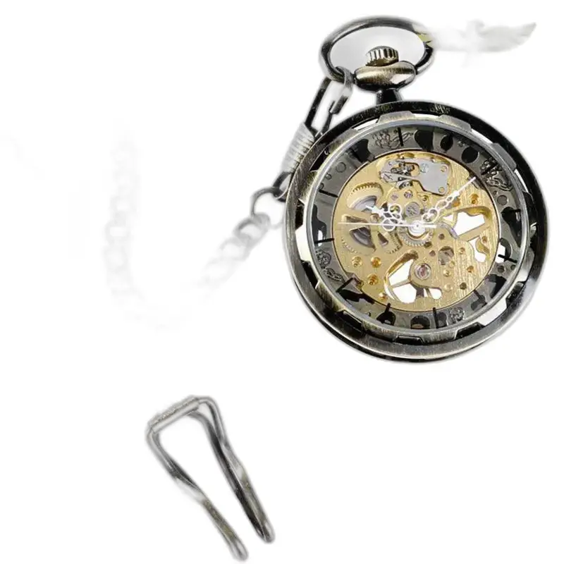 Montre à gousset squelette moderne avec chaîne et mouvement mécanique pour homme et femme
