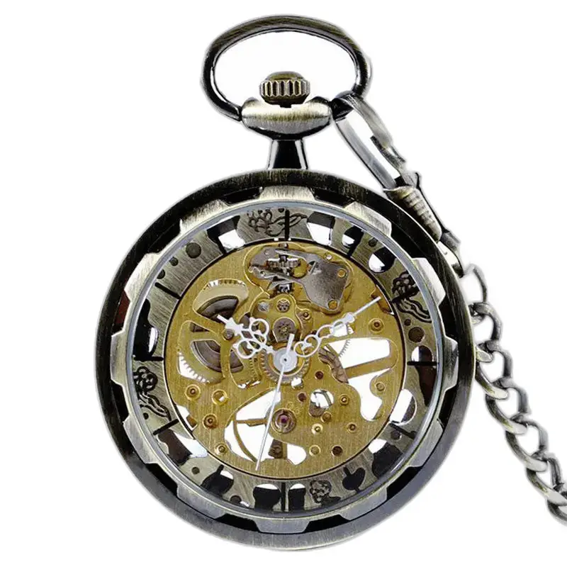 Montre à gousset squelette moderne avec chaîne et mouvement mécanique élégant