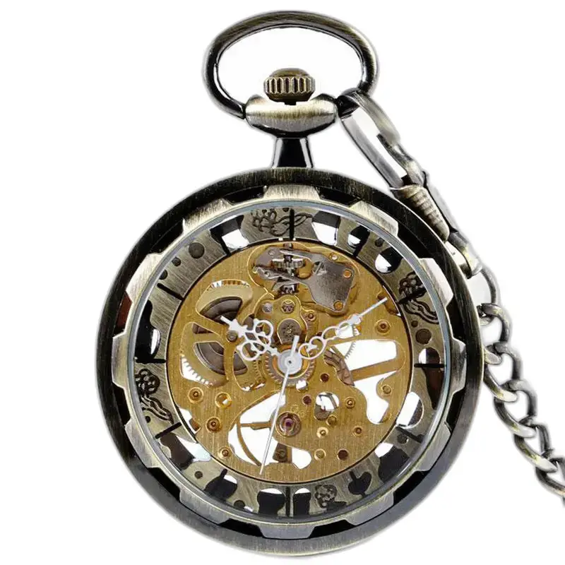 Montre à gousset squelette moderne avec chaîne et mouvement mécanique élégant