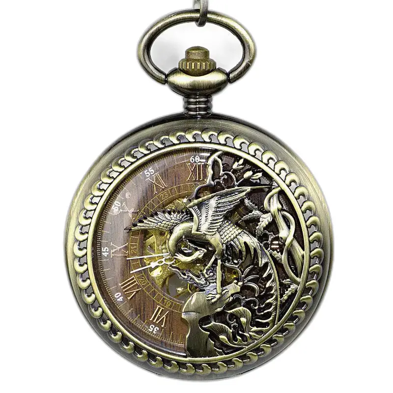 Montre à gousset Squelette Phoenix en Acier Inoxydable avec design en bronze orné