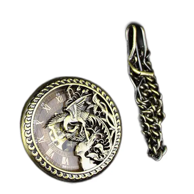 Montre à gousset Squelette Phoenix en Acier Inoxydable avec chaîne en bronze ornée