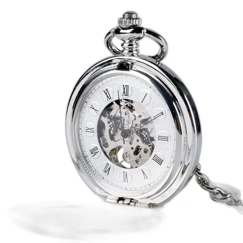 Montre à gousset argentée avec mécanisme visible, style chic double clapet homme