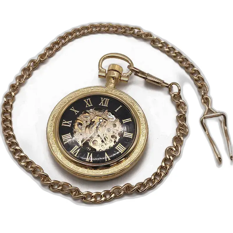 Montre à gousset vintage en or avec chainette et cadran ouvert, poche mécanique