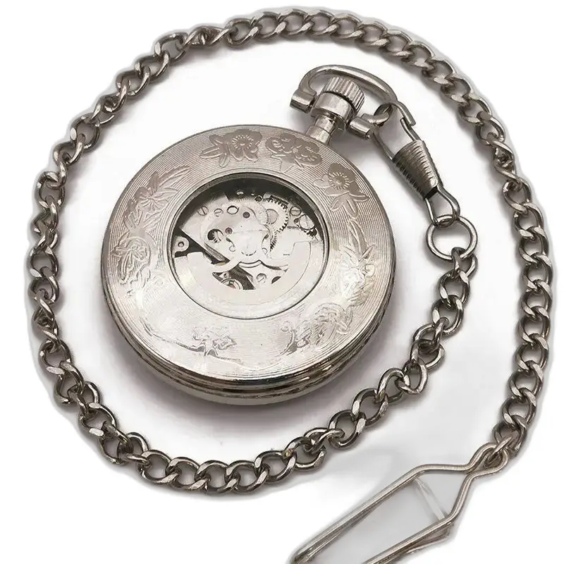 Montre à Gousset Vintage Cadran Ouvert en argent avec chaîne, poche mécanique élégante
