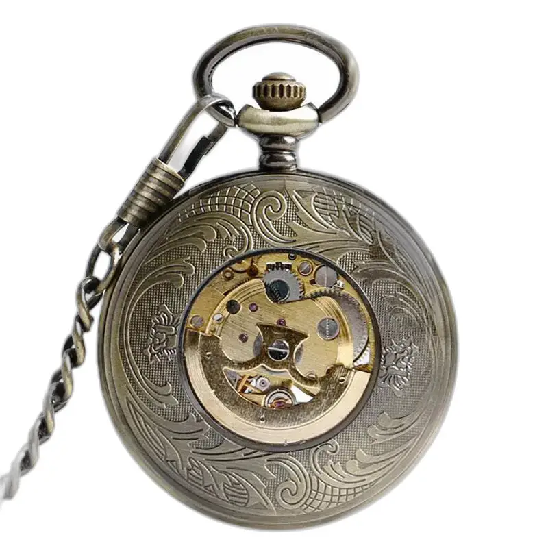 Montre antique à gousset en bronze ornée avec mécanisme visible